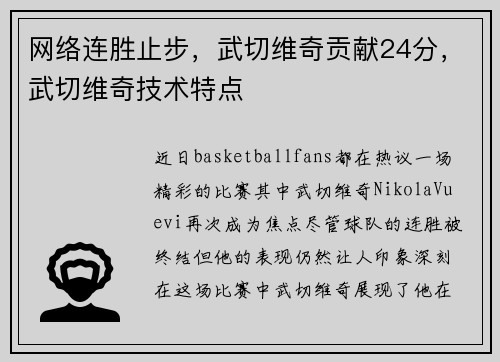 网络连胜止步，武切维奇贡献24分，武切维奇技术特点