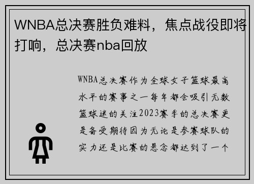 WNBA总决赛胜负难料，焦点战役即将打响，总决赛nba回放